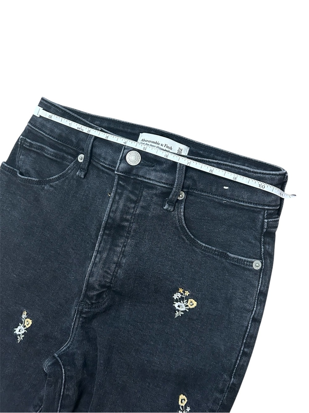 Abercrombie & Fitch Rise Super Skinny Ankle Embroidered Floral Black Wash Jeans - Picture 9 of 11